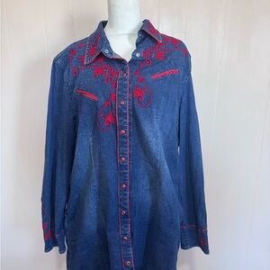 Tasha Polizzi Denim Midi Dress with Red Embroidery